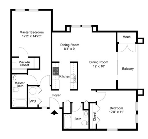 Floor plan for 2 beds, 2 baths, 1066 sqft